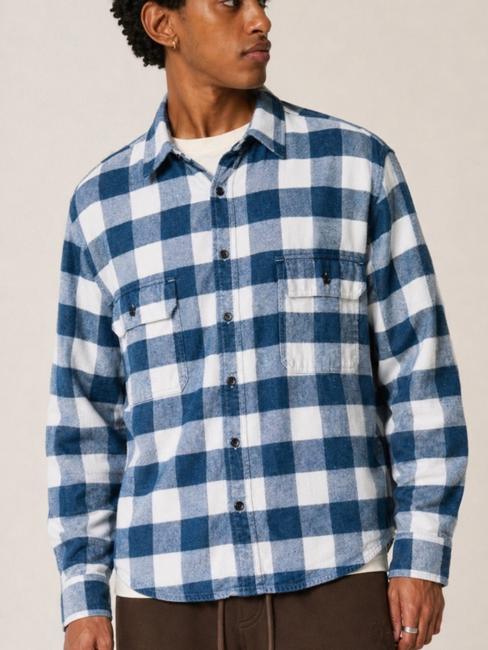 Outdoor Classic Large Cotton Button Up Shirt Plaid Blue White‎